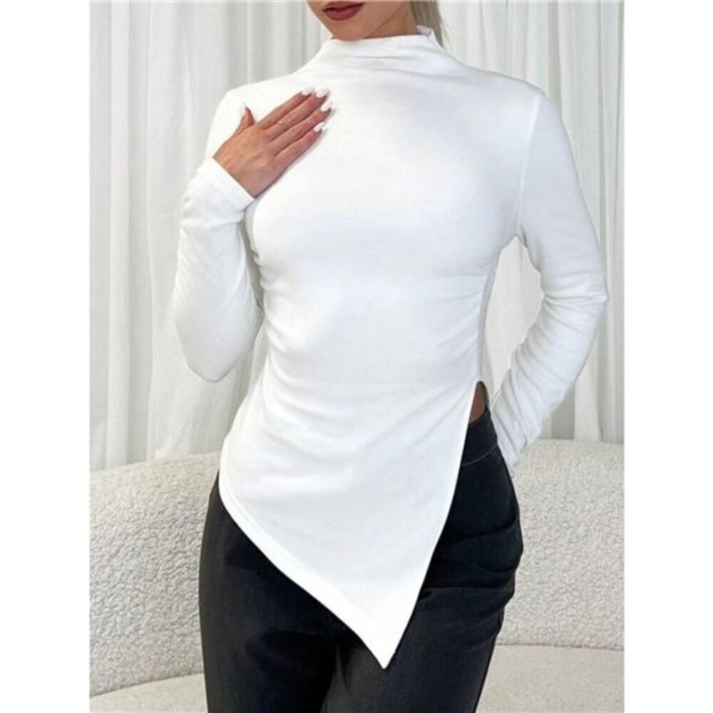 Asymmetrical Hem Mock Neck Top - Picture 2 of 5